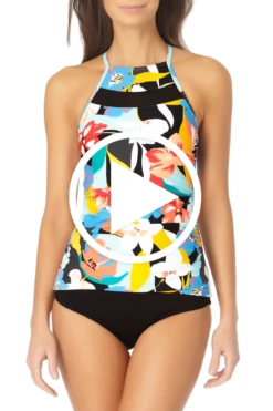 Anne Cole - Mesh High Neck Tankini Top -Chic Swimwear Shop 21MT29985 21MB36001 BLK 233 FRONT
