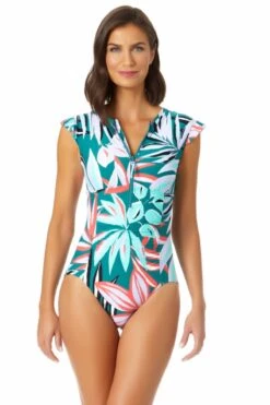 Anne Cole - Flutter Sleeve Zip Up Rash Guard One Piece Swimsuit