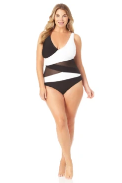 Anne Cole Plus - Mesh V Neck One Piece Swimsuit 10 Anne Cole Plus - Mesh V Neck One Piece Swimsuit -Chic Swimwear Shop 22PO07401 BKWH 118