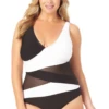 Anne Cole Plus - Mesh V Neck One Piece Swimsuit -Chic Swimwear Shop 22PO07401 BKWH 118 FRONT