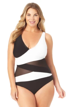 Anne Cole Plus - Mesh V Neck One Piece Swimsuit