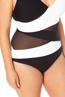Anne Cole Plus - Mesh V Neck One Piece Swimsuit 12 Anne Cole Plus - Mesh V Neck One Piece Swimsuit -Chic Swimwear Shop 22PO07401 BKWH 130