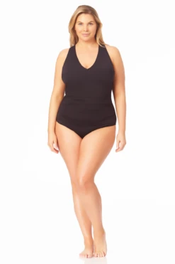 Anne Cole Plus - V Neck Cross Back One Piece -Chic Swimwear Shop 22PO09101 BLK 002