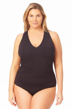Anne Cole Plus - V Neck Cross Back One Piece -Chic Swimwear Shop 22PO09101 BLK 002 FRONT