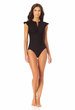 Anne Cole - Women's Flutter Sleeve Zip Up Rash Guard One Piece Swimsuit -Chic Swimwear Shop 23MO07901 BLK 2378 1