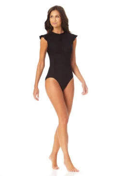 Anne Cole - Women's Flutter Sleeve Zip Up Rash Guard One Piece Swimsuit -Chic Swimwear Shop 23MO07901 BLK 2378 2