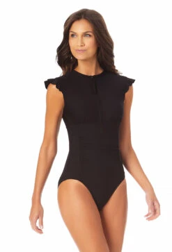 Anne Cole - Women's Flutter Sleeve Zip Up Rash Guard One Piece Swimsuit -Chic Swimwear Shop 23MO07901 BLK 2378 2 FRONT