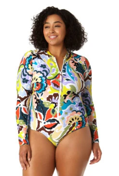 Anne Cole Plus - Women's Long Sleeve Front Zip Rash Guard Swimsuit
