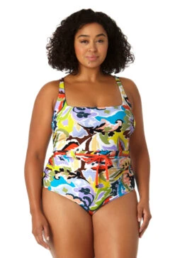 Anne Cole Plus - Women's Belted Square Neck One Piece Swimsuit