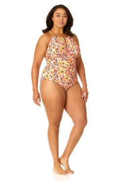 Anne Cole Plus - Women's High Neck With Ruffled Straps One Piece Swimsuit 9 Anne Cole Plus - Women's High Neck With Ruffled Straps One Piece Swimsuit -Chic Swimwear Shop 23PO06421 MULT 130 2