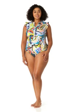 Anne Cole Plus - Women's Flutter Sleeve Zip Up Rash Guard One Piece Swimsuit -Chic Swimwear Shop 23PO07961 MULT 0996