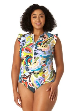 Anne Cole Plus - Women's Flutter Sleeve Zip Up Rash Guard One Piece Swimsuit