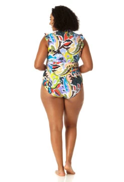 Anne Cole Plus - Women's Flutter Sleeve Zip Up Rash Guard One Piece Swimsuit -Chic Swimwear Shop 23PO07961 MULT 1011