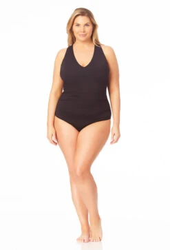 Anne Cole Plus - Women's V Neck Cross Back One Piece Swimsuit -Chic Swimwear Shop 23PO09101 BLK 002