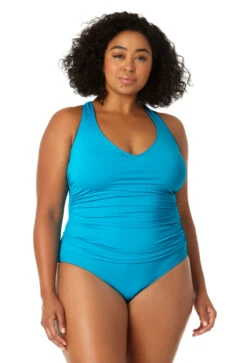 Anne Cole Plus - Women's V Neck Cross Back One Piece Swimsuit -Chic Swimwear Shop 23PO09101 TURQ 0937 FRONT