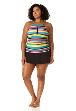 Anne Cole Plus - Women's Center Tab High Neck Tankini Swim Top -Chic Swimwear Shop 23PT29584 MULT MYMB41401 BLK 1968