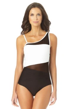 Anne Cole - Assymetrical Mesh One Piece Swimsuit -Chic Swimwear Shop AnneCole AssymetricalMeshOnePieceSwimsuit 630 22MO07101 BKWH FRONT jpg