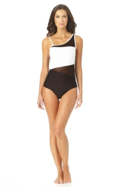 Anne Cole - Assymetrical Mesh One Piece Swimsuit -Chic Swimwear Shop AnneCole AssymetricalMeshOnePieceSwimsuit 630 22MO07101 BKWH jpg