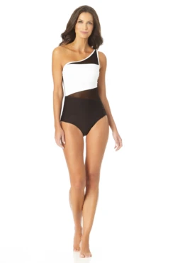 Anne Cole - Assymetrical Mesh One Piece Swimsuit -Chic Swimwear Shop AnneCole AssymetricalMeshOnePieceSwimsuit 650 22MO07101 BKWH jpg