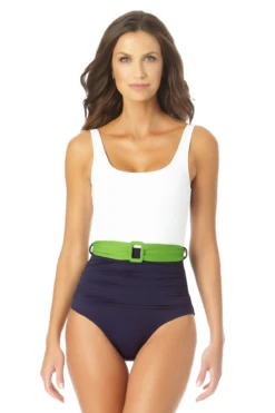 Anne Cole - Belted Scoop Neck One Piece Swimsuit