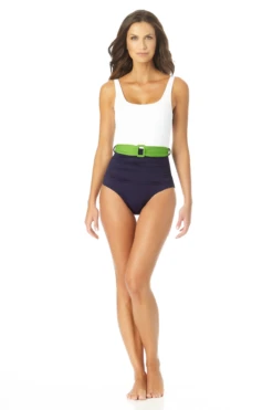 Anne Cole - Belted Scoop Neck One Piece Swimsuit -Chic Swimwear Shop AnneCole BeltedScoopNeckOnePieceSwimsuit 939 22MO07701 NVCB jpg