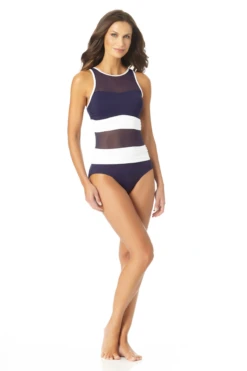 Anne Cole - High Neck Mesh One Piece Swimsuit -Chic Swimwear Shop AnneCole HighNeckMeshOnePieceSwimsuit 773 22MO07301 NVWH JPG
