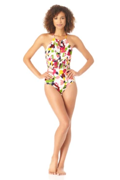 Anne Cole - High Neck Smocked One Piece Swimsuit -Chic Swimwear Shop AnneCole HighNeckSmockedOnePieceSwimsuit 386 22MO05263 MULT jpg