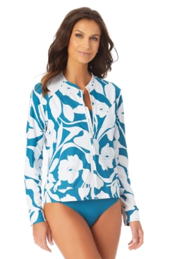 Anne Cole - Long Sleeve Zip Front Rash Guard Top