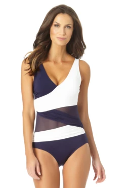 Anne Cole - Mesh V Neck One Piece Swimsuit