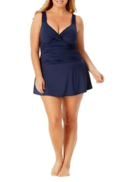 Anne Cole Plus - Twist Front Shirred Underwire Swim Dress -Chic Swimwear Shop AnneCole Resort Plus Adjustable Side Slit Skirted Bottom 1862 21PD60601 NVY jpg