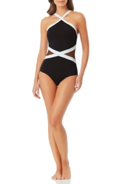 Anne Cole - Colorblock Mesh High Neck One Piece Swimsuit -Chic Swimwear Shop anne cole hot mesh high neck mesh insert op front 1365 21MO02875