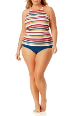 Anne Cole Plus - High Neck Tankini Top -Chic Swimwear Shop anne cole plus boardwalk stripe high neck tankini nvy front 321 21PT20606