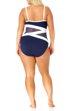 Anne Cole Plus - Colorblock Mesh One Piece Swimsuit -Chic Swimwear Shop anne cole plus hot mesh asymetric mesh ots op navy front 1037 21PO03975