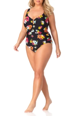 Anne Cole Plus - Sweetheart U Trim One Piece Swimsuit -Chic Swimwear Shop anne cole plus island bloom sweetheart u trim ruched one piece front 1371 21PO07527