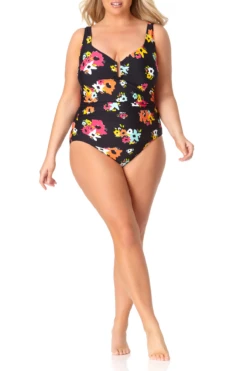 Anne Cole Plus - Sweetheart U Trim One Piece Swimsuit -Chic Swimwear Shop anne cole plus island bloom sweetheart u trim ruched one piece front 1377 21PO07527